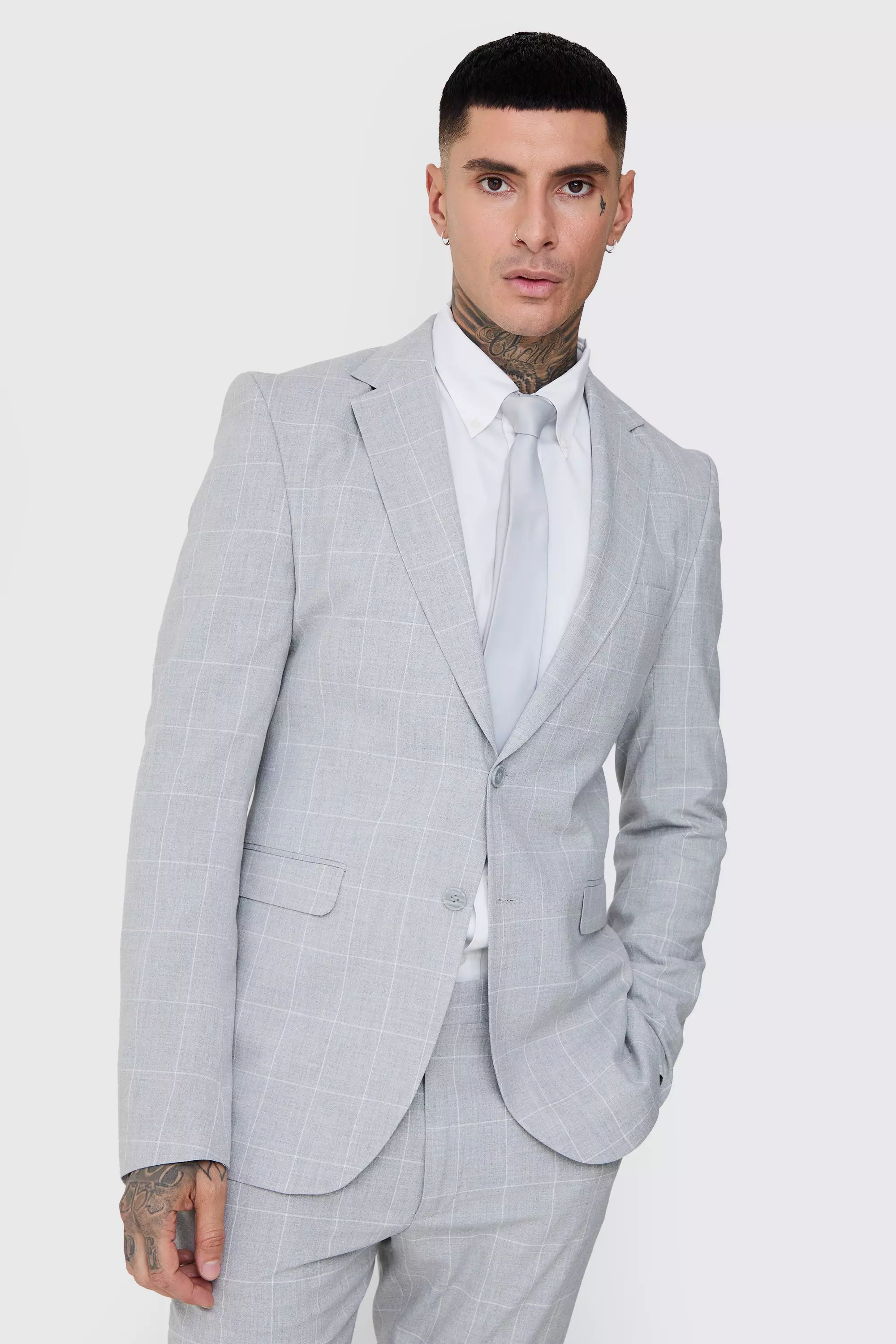 Tall Window Pane Check Skinny Fit Blazer boohooMAN UK
